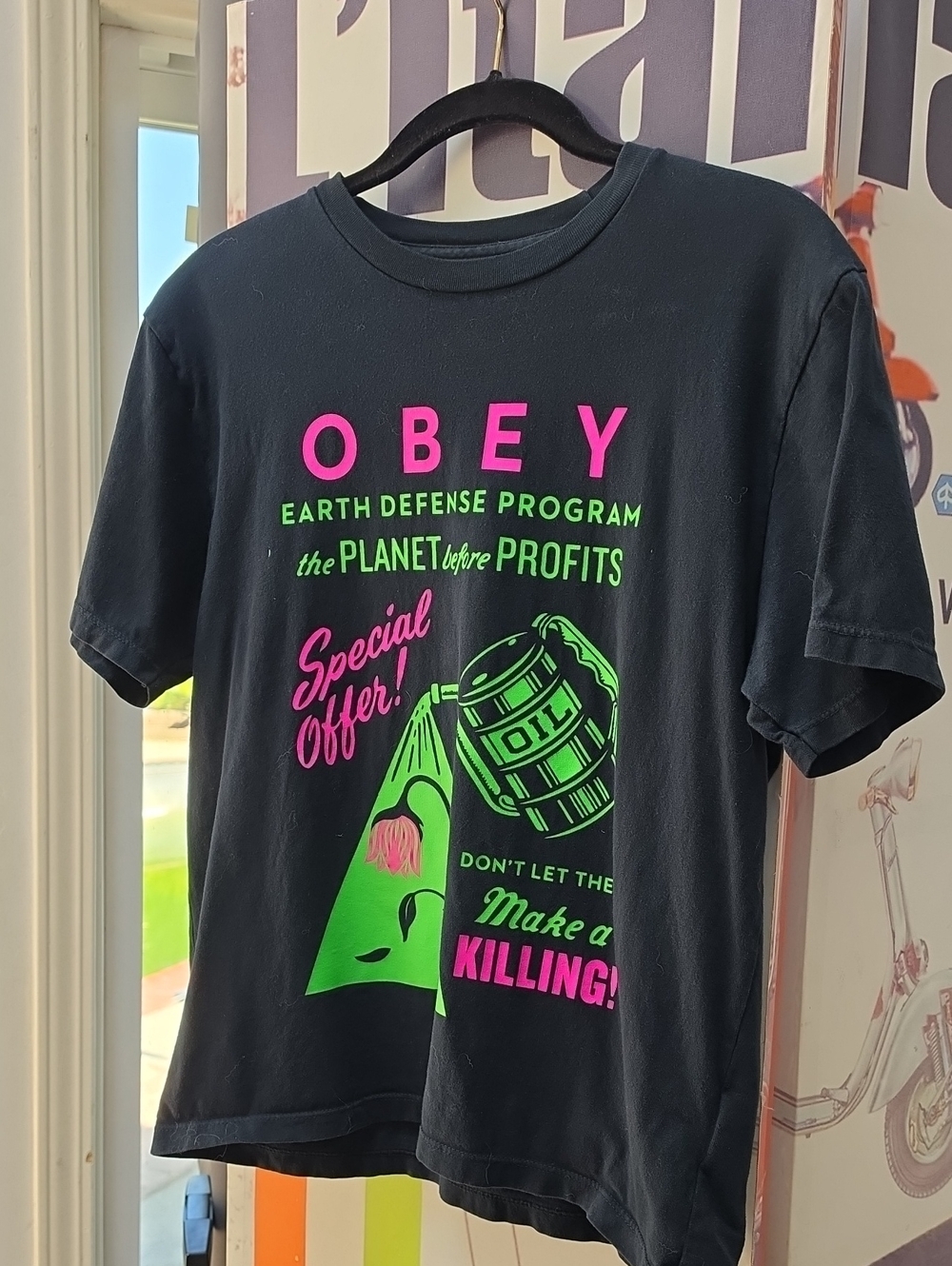 Obey Black Tee with Neon Pink & Neon Green Graphics